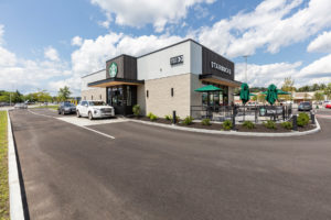 Outside of Starbucks building and drive thru